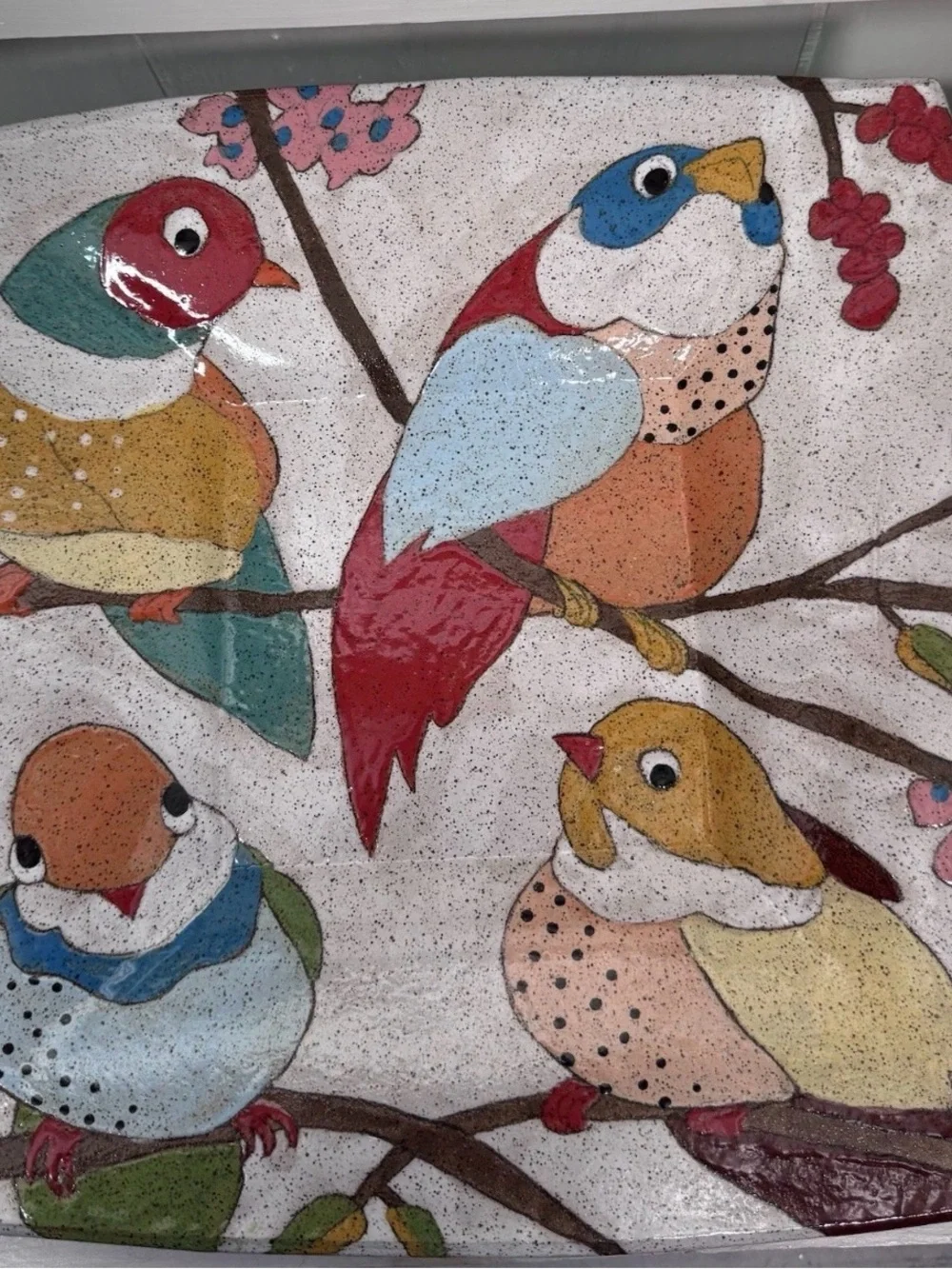 Three Wheel Studio Art Pottery Bird Platter 13”x13” Footed Signed Original New